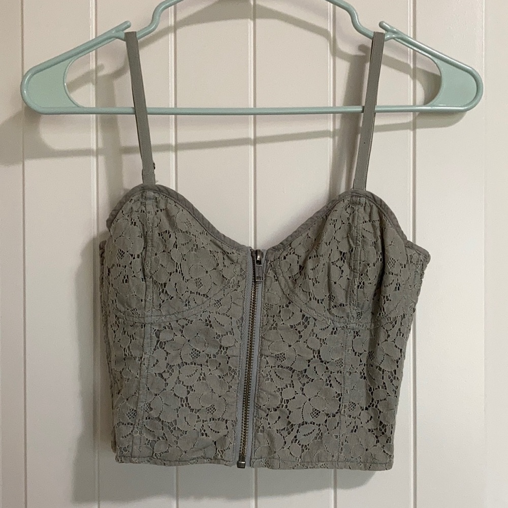 Talula Aritzia 4 Lace Grey Tan Zipper Crop Top Tank Strapless Size Small